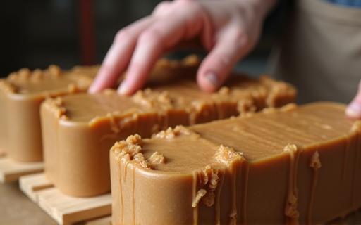 Person molding handmade soap mixture into wooden molds
